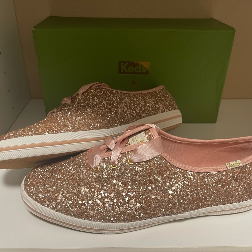 Kate Spade Keds glitter rose gold sneakers, brand new with tags